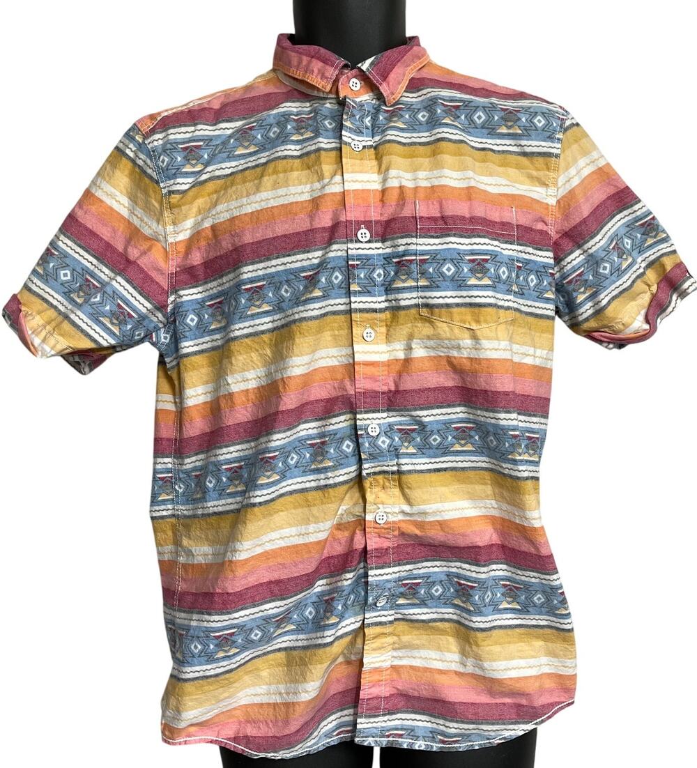 Bar III Shirt M Blue Yellow Pink Cotton Short Sleeve Button Up Southwestern